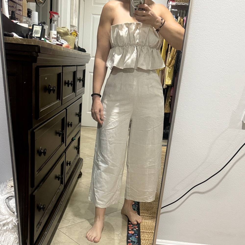 Aura Cream Strapless Ruffle Jumpsuit